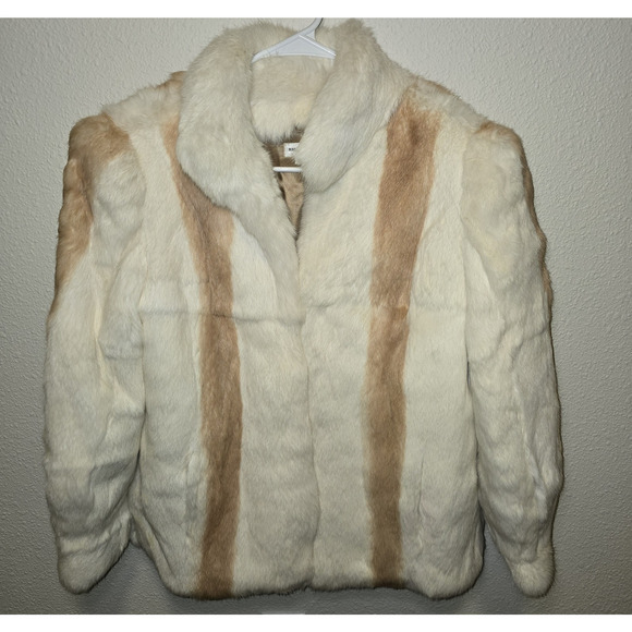 Genuine Rabbit Fur Jacket Cream & Tan French Origin Satin Lined Hook & Eye Med - Picture 1 of 14